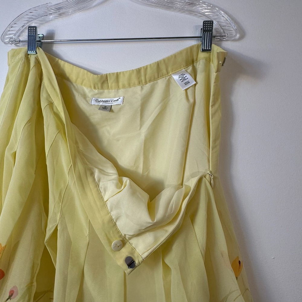 Coldwater Creek Yellow Floral Chiffon Pleated Midi Skirt XL Watercolor Print - Picture 5 of 8